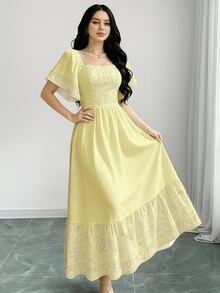Modelyn Floral Print Fashion Square Neck Cap Sleeve Dress, Summer Waist Cinched Midi Dress, Floral Pattern Light Yellow Dress - Multicolor - View 3
