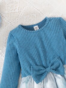 Glamorique Kids 1pc 女童长袖连衣裙 秋季新款 儿童装 蝴蝶结腰饰 圆领 数字定位 冰雪公主 卡通图案连衣裙 - 藍色 - 查看 6