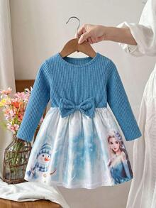 Glamorique Kids 1pc 女童长袖连衣裙 秋季新款 儿童装 蝴蝶结腰饰 圆领 数字定位 冰雪公主 卡通图案连衣裙 - 藍色 - 查看 3