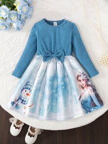 Glamorique Kids 1pc 女童长袖连衣裙 秋季新款 儿童装 蝴蝶结腰饰 圆领 数字定位 冰雪公主 卡通图案连衣裙 - 藍色 - 查看 4