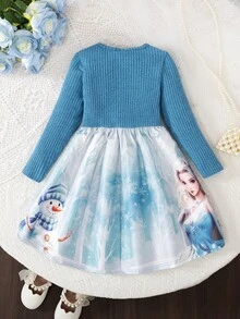Glamorique Kids 1pc 女童长袖连衣裙 秋季新款 儿童装 蝴蝶结腰饰 圆领 数字定位 冰雪公主 卡通图案连衣裙 - 藍色 - 查看 2