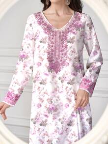 Al Najma 女款紫紅色V領長袖優雅端莊喇叭裙 中東阿拉伯風印花聚酯纖維長裙 精緻領口袖口 花卉夏季款 - 淡紫色 - 查看 7
