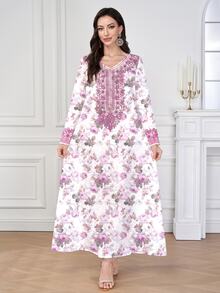 Al Najma 女款紫紅色V領長袖優雅端莊喇叭裙 中東阿拉伯風印花聚酯纖維長裙 精緻領口袖口 花卉夏季款 - 淡紫色 - 查看 5