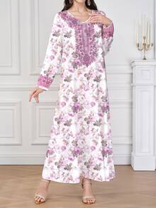 Al Najma 女款紫紅色V領長袖優雅端莊喇叭裙 中東阿拉伯風印花聚酯纖維長裙 精緻領口袖口 花卉夏季款 - 淡紫色 - 查看 4