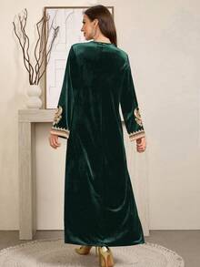 SHEIN Najma Women's Floral Print Long Sleeve Elegant Velvet Arabic Dress, Suitable For Spring And Autumn - Green - View 2