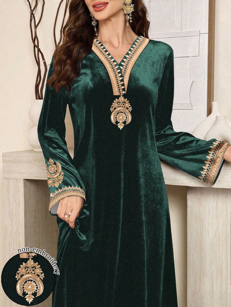 SHEIN Najma Women's Floral Print Long Sleeve Elegant Velvet Arabic Dress, Suitable For Spring And Autumn - Green - View 1