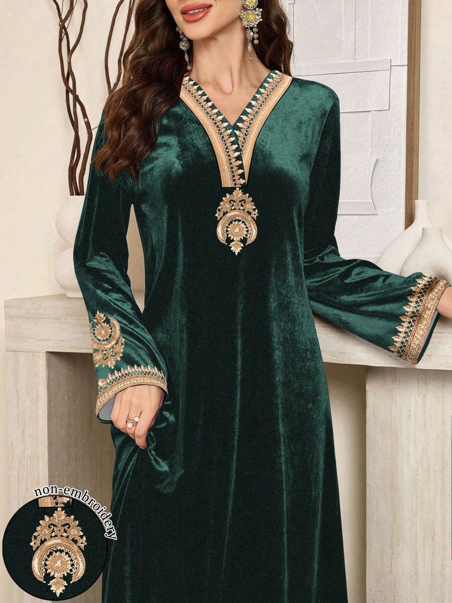 SHEIN Najma Women's Floral Print Long Sleeve Elegant Velvet Arabic Dress, Suitable For Spring And Autumn - Green - View 1