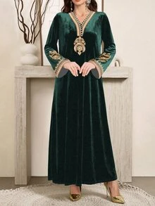 SHEIN Najma Women's Floral Print Long Sleeve Elegant Velvet Arabic Dress, Suitable For Spring And Autumn - Green - View 4