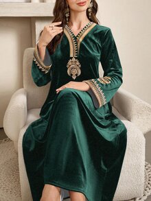 SHEIN Najma Women's Floral Print Long Sleeve Elegant Velvet Arabic Dress, Suitable For Spring And Autumn - Green - View 3