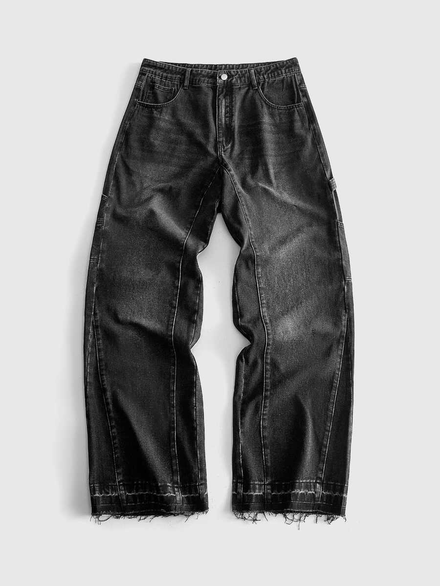 ROMWE MEN Plus Size Men's Casual Denim Jeans With Pockets And Buttons, Versatile For Daily Wear And Outings - Black - View 1
