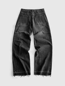 ROMWE MEN Plus Size Men's Casual Denim Jeans With Pockets And Buttons, Versatile For Daily Wear And Outings - Black - View 3