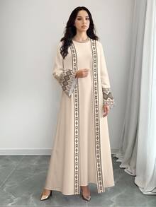 SHEIN Najma 女士几何印花时尚长袖休闲阿拉伯长袍开衫外套，春秋季 - 彩色 - 查看 5