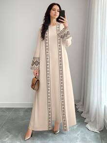 SHEIN Najma 女士几何印花时尚长袖休闲阿拉伯长袍开衫外套，春秋季 - 彩色 - 查看 4