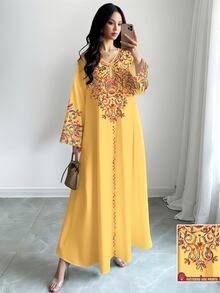 SHEIN Najma 女士彩色藤蔓图案数码印花V领长袖优雅阿拉伯风长连衣裙，春秋季 - 彩色 - 查看 1