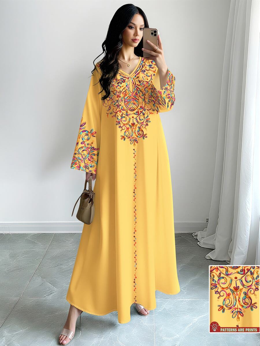 SHEIN Najma 女士彩色藤蔓图案数码印花V领长袖优雅阿拉伯风长连衣裙,春秋季 - 彩色 - 查看 1