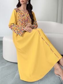 SHEIN Najma 女士彩色藤蔓图案数码印花V领长袖优雅阿拉伯风长连衣裙，春秋季 - 彩色 - 查看 4