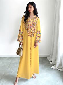 SHEIN Najma 女士彩色藤蔓图案数码印花V领长袖优雅阿拉伯风长连衣裙，春秋季 - 彩色 - 查看 3