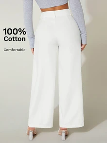 SHEIN PETITE 女款高腰寬腿夏季長褲 100%純棉白色長褲 棉質長褲 100%純棉女裝 白色喇叭褲 小碼女款 - 白色 - 查看 3