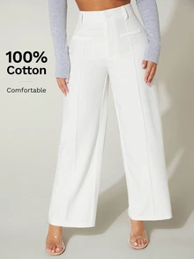 SHEIN PETITE 女款高腰寬腿夏季長褲 100%純棉白色長褲 棉質長褲 100%純棉女裝 白色喇叭褲 小碼女款 - 白色 - 查看 4