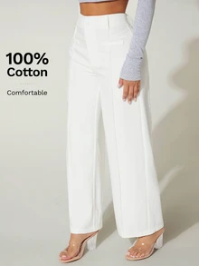 SHEIN PETITE 女款高腰寬腿夏季長褲 100%純棉白色長褲 棉質長褲 100%純棉女裝 白色喇叭褲 小碼女款 - 白色 - 查看 6