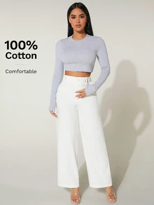 SHEIN PETITE 女款高腰寬腿夏季長褲 100%純棉白色長褲 棉質長褲 100%純棉女裝 白色喇叭褲 小碼女款 - 白色 - 查看 7