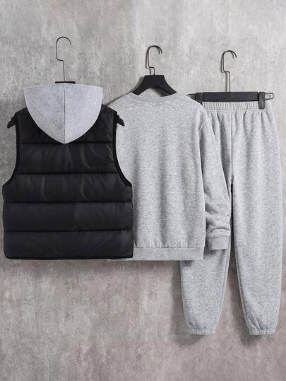 SHEIN 3pcs Kids Tween Boy Casual Streetwear Letter Print Graphic Crew Neck Pullover Loose Knit Sweatshirt & Knit Pants With Padded Winter Autumn Coat