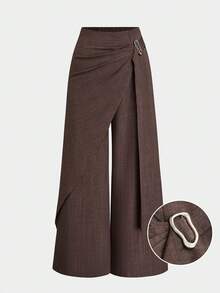 Sweetra Plus Size Chocolate Brown Long Wide Leg Pants With Asymmetrical Metal Buckle, Straight Leg, Slimming And Leg-Lengthening Autumn Elegant Formal Office - Khaki - View 1