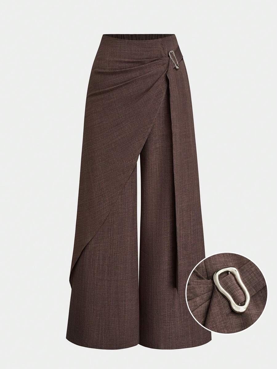 Sweetra Plus Size Chocolate Brown Long Wide Leg Pants With Asymmetrical Metal Buckle, Straight Leg, Slimming And Leg-Lengthening Autumn Elegant Formal Office - Khaki - View 1