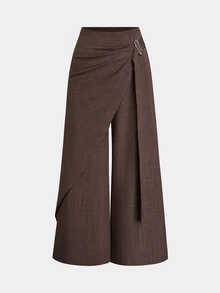 Sweetra Plus Size Chocolate Brown Long Wide Leg Pants With Asymmetrical Metal Buckle, Straight Leg, Slimming And Leg-Lengthening Autumn Elegant Formal Office - Khaki - View 9