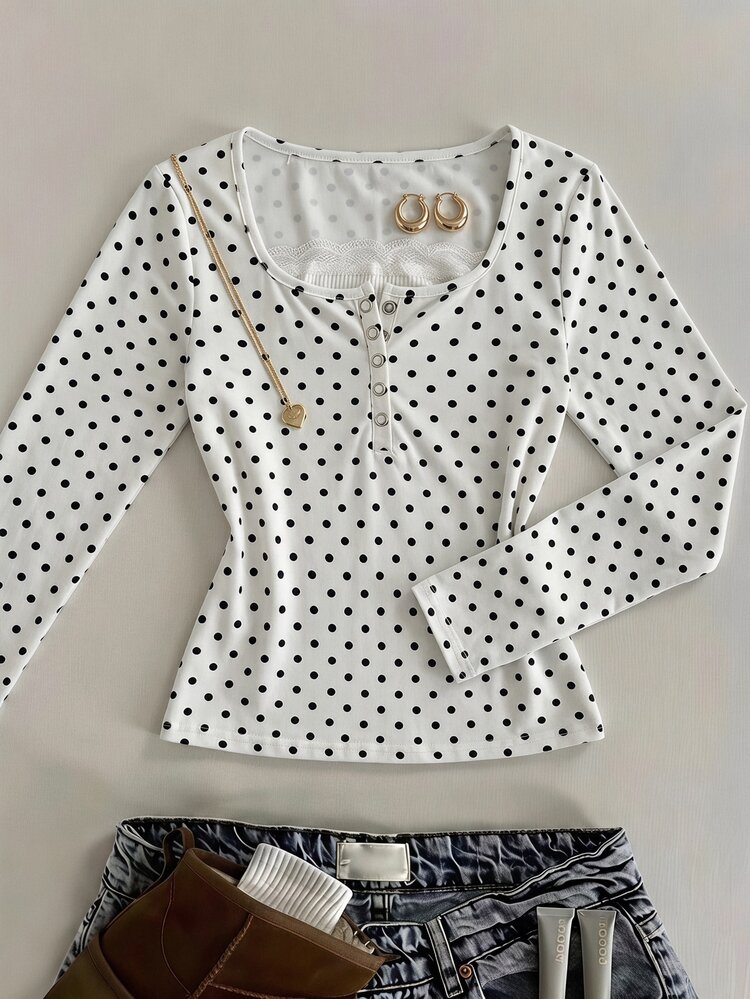 SHEIN Kids Tween Girl Tween Girls Lace Trim Decor Black White Polka Dot Print Long Sleeve T-Shirt, Y2K Vintage Tee - Burgundy - View 2