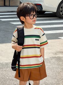 SHEIN Little Byeori 2pcs/Set Young Boy Summer Comfortable Breathable Loose Fit Striped Short Sleeved T-Shirt And Casual Cool Workwear Shorts Two Pieces Outfit Set - Brown - View 5