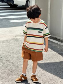 SHEIN Little Byeori 2pcs/Set Young Boy Summer Comfortable Breathable Loose Fit Striped Short Sleeved T-Shirt And Casual Cool Workwear Shorts Two Pieces Outfit Set - Brown - View 7