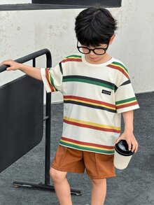 SHEIN Little Byeori 2pcs/Set Young Boy Summer Comfortable Breathable Loose Fit Striped Short Sleeved T-Shirt And Casual Cool Workwear Shorts Two Pieces Outfit Set - Brown - View 6