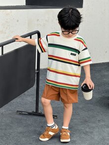 SHEIN Little Byeori 2pcs/Set Young Boy Summer Comfortable Breathable Loose Fit Striped Short Sleeved T-Shirt And Casual Cool Workwear Shorts Two Pieces Outfit Set - Brown - View 3