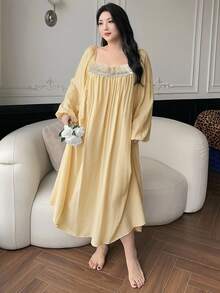 Dazy Plus Plus Size Floral Embroidered Long Sleeve Nightgown - Yellow - View 4