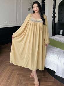 Dazy Plus Plus Size Floral Embroidered Long Sleeve Nightgown - Yellow - View 3