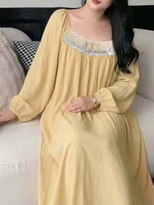 Dazy Plus Plus Size Floral Embroidered Long Sleeve Nightgown - Yellow - View 1