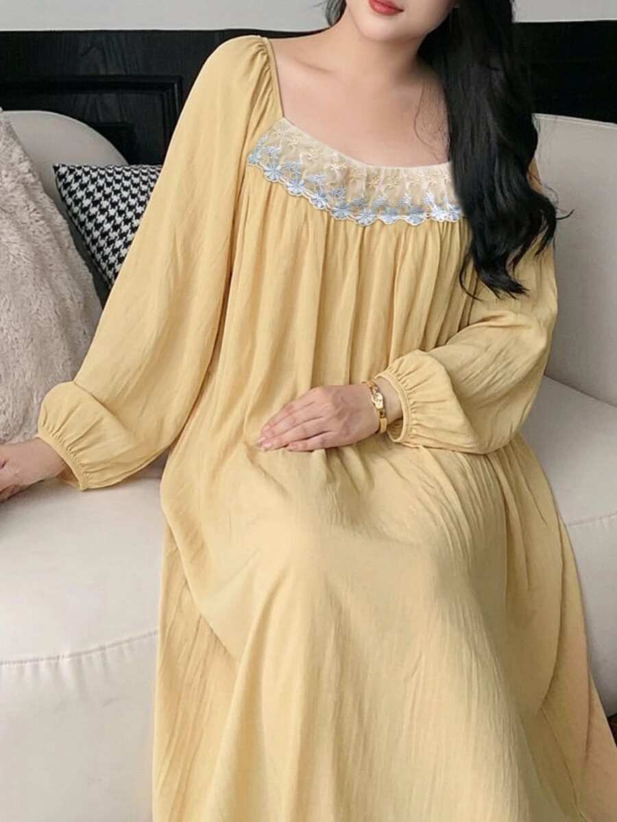 Dazy Plus Plus Size Floral Embroidered Long Sleeve Nightgown - Yellow - View 1