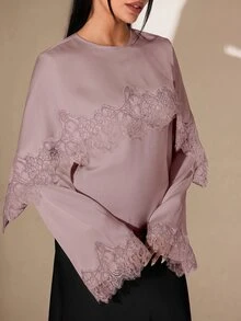 Veilorie 女款蕾絲拼接純色圓領優雅浪漫蕾絲長袖襯衫，適合約會晚餐夜晚，灰玫瑰色，秋季婚禮 - 藕粉色 - 查看 4