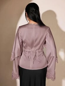 Veilorie 女款蕾絲拼接純色圓領優雅浪漫蕾絲長袖襯衫，適合約會晚餐夜晚，灰玫瑰色，秋季婚禮 - 藕粉色 - 查看 3