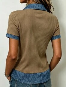 Trelyra Atasan Lengan Pendek Motif Denim Kasual Wanita, Cocok untuk Perjalanan Sehari-hari, Musim Panas - MultiWarna - View 2