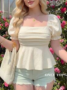 SHEIN MOD 大码女式杏色褶领泡泡袖长衬衫 - 杏色 - 查看 7