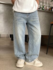 兒童青少年男孩復古Y2K休閒時尚藍色寬鬆舒適牛仔褲，萬聖節與黑色返校款 - 藍色 - 查看 7