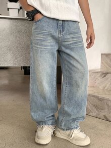 兒童青少年男孩復古Y2K休閒時尚藍色寬鬆舒適牛仔褲，萬聖節與黑色返校款 - 藍色 - 查看 1