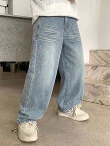兒童青少年男孩復古Y2K休閒時尚藍色寬鬆舒適牛仔褲，萬聖節與黑色返校款 - 藍色 - 查看 3