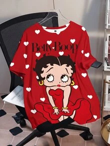 Betty Boop x SHEIN 大尺碼夏季休閒波點卡通印花T恤 - 白色 - 查看 3
