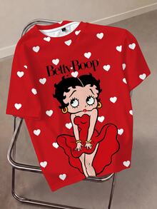 Betty Boop x SHEIN 大尺碼夏季休閒波點卡通印花T恤 - 白色 - 查看 1