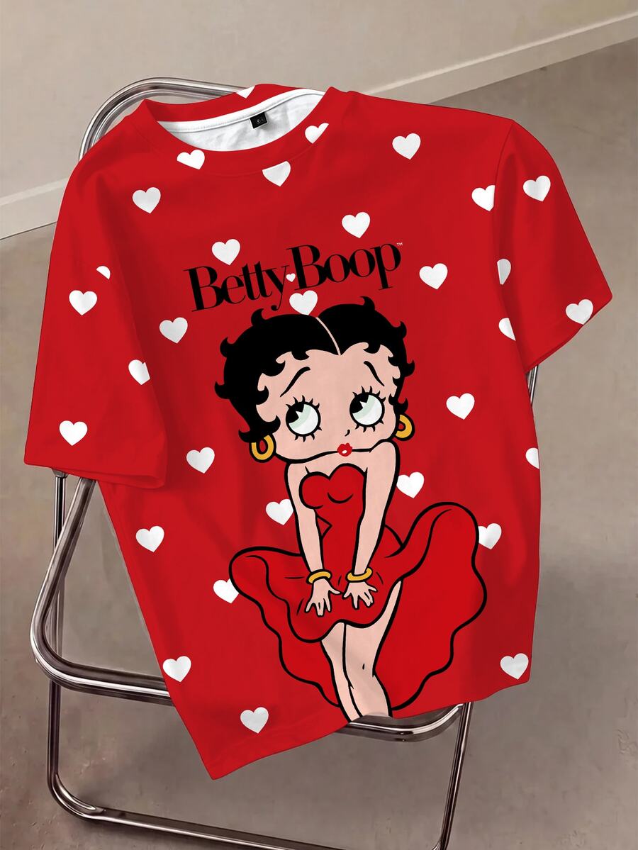 Betty Boop x SHEIN 大尺碼夏季休閒波點卡通印花T恤 - 白色 - 查看 1
