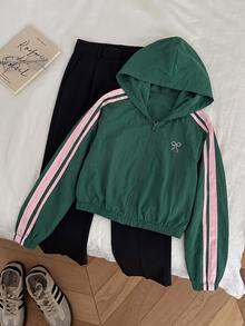 SHEIN 女童綠色連帽外套，粉色與白色側條紋與蝴蝶結印花，休閒日常外套 - 綠色 - 查看 3