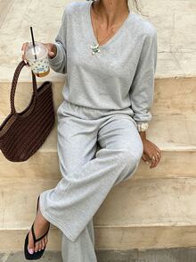 INAWLY Solva Setelan 2 Potong Atasan & Celana Warna Polos Serbaguna Kasual Musim Gugur - Light Grey - View 1